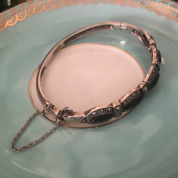 Vintage 925 Black Onyx Marcasite Bracelet - Picture 3 of 6